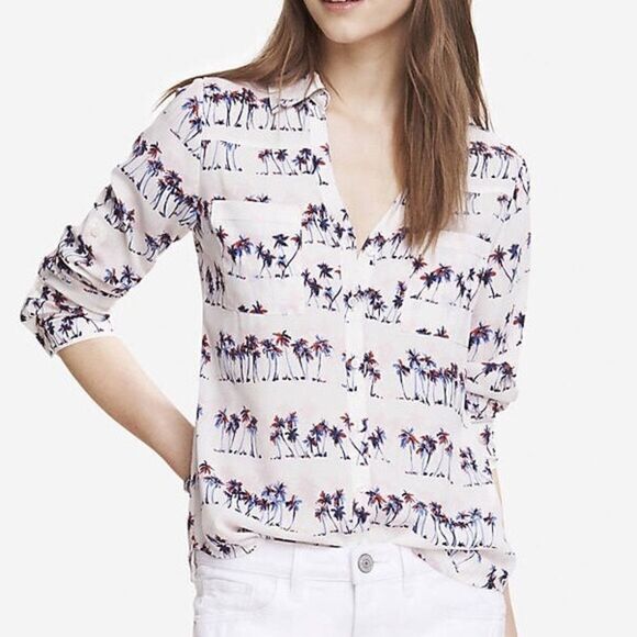 Express Portofino Palm Print Blouse - Picture 1 of 4
